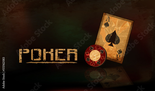 Vintage poker background with casino chip and playing spades card, vector illustration