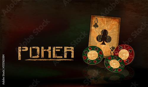 Vintage poker banner with casino chip and playing clubs card, vector illustration