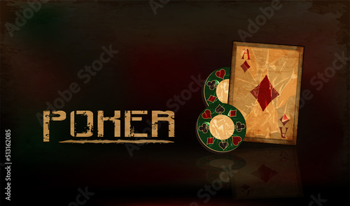 Vintage poker banner with casino chip and playing diamonds card, vector illustration