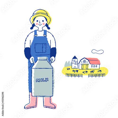 搾乳缶を抱える酪農家の女性と牧場