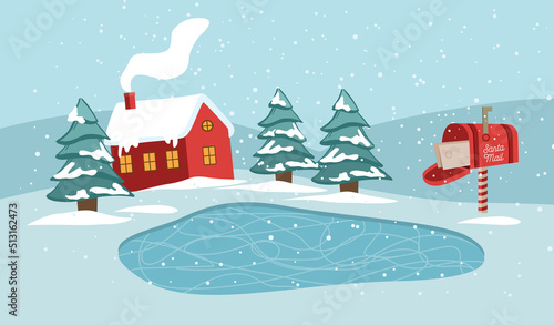 Christmas, winter landscape, skating rink. Vector.