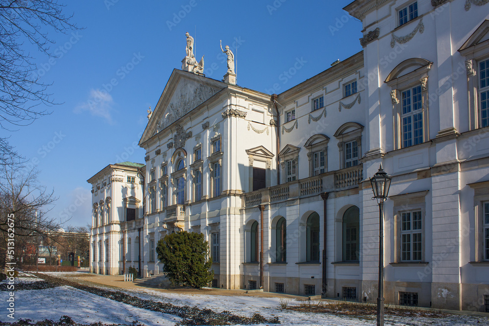 Baroque style Krasinski Palace seen from a French-style garden in winter in Warsaw, Poland