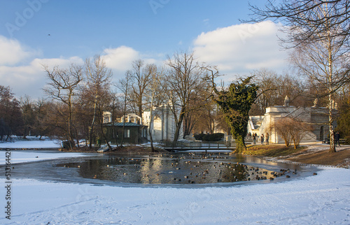 View of Theater on the island in Lazenkovsky Royal Park in Warsaw