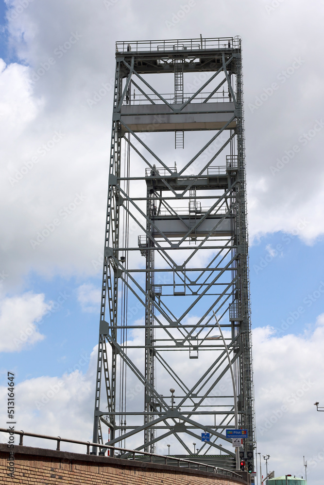 Steel vertical lift bridge over the Gouwe canal in Waddinxveen Steel vertical lift bridge over the Gouwe canal in Waddinxveen