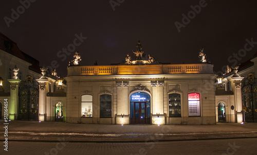 View of Kordegard's gallery and Potocki Palace at night in Warsaw photo