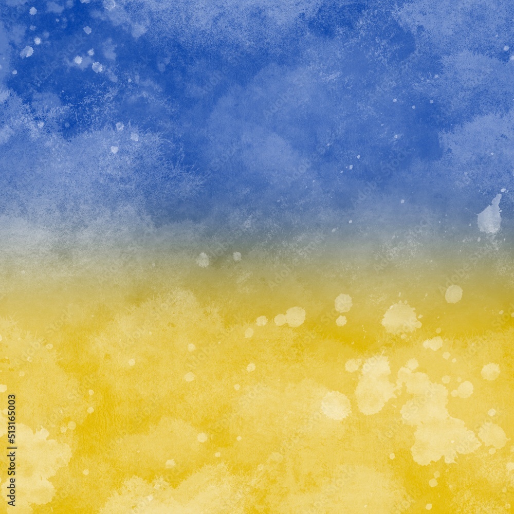 Abstract blue and yellow national Ukrainian flag with white paint splash on the surface. Bright colored texture for poster or wallpaper. Blue cloudy sky over the wheat yellow field.
