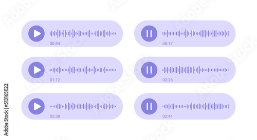 Voice message with sound waves and pause icon. Audio social media recording chart. Podcast soundwave line. Volume equalizer with spectrum noise, button. Shape of mobile talk track. Vector illustration