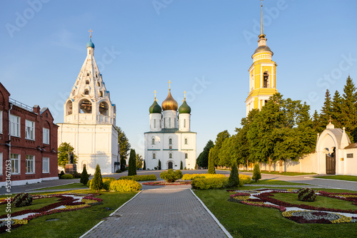 Cathedral (Sobornaya) Square with Assumption Cathedral and bell towers of Kolomna Kremlin in Old Kolomna city at summer sunset photo