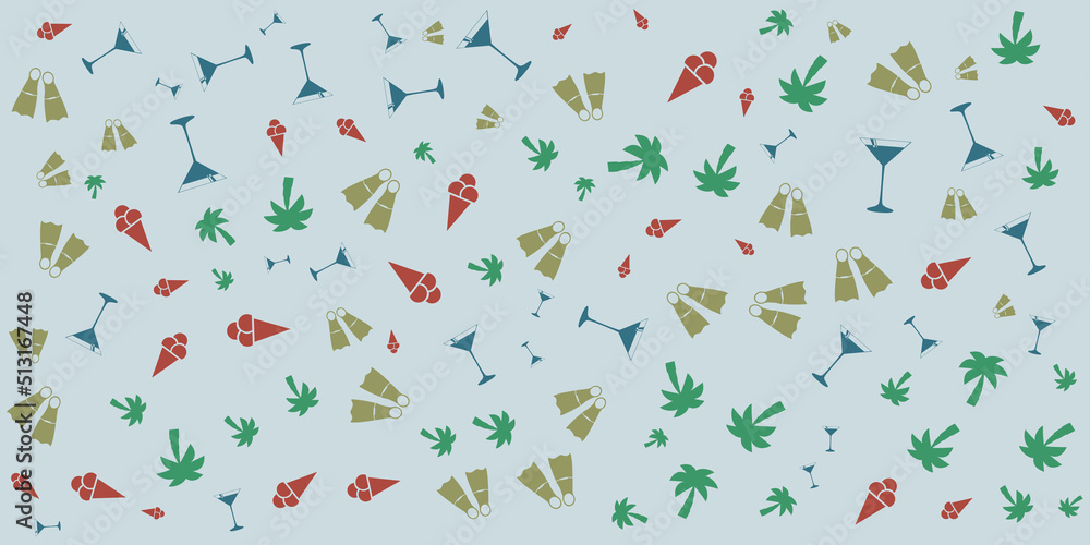 Colorful Retro Style Summer Vacation, Recreation Concept Pattern Background Design with Ice Cream, Palm Tree, Cocktail Glass and Scuba Fins - Illustration in Editable Vector Format Colorful Retro Style Summer Vacation, Recreation Concept Pattern Background Design with Ice Cream, Palm Tree, Cocktail Glass and Scuba Fins - Illustration in Editable Vector Format