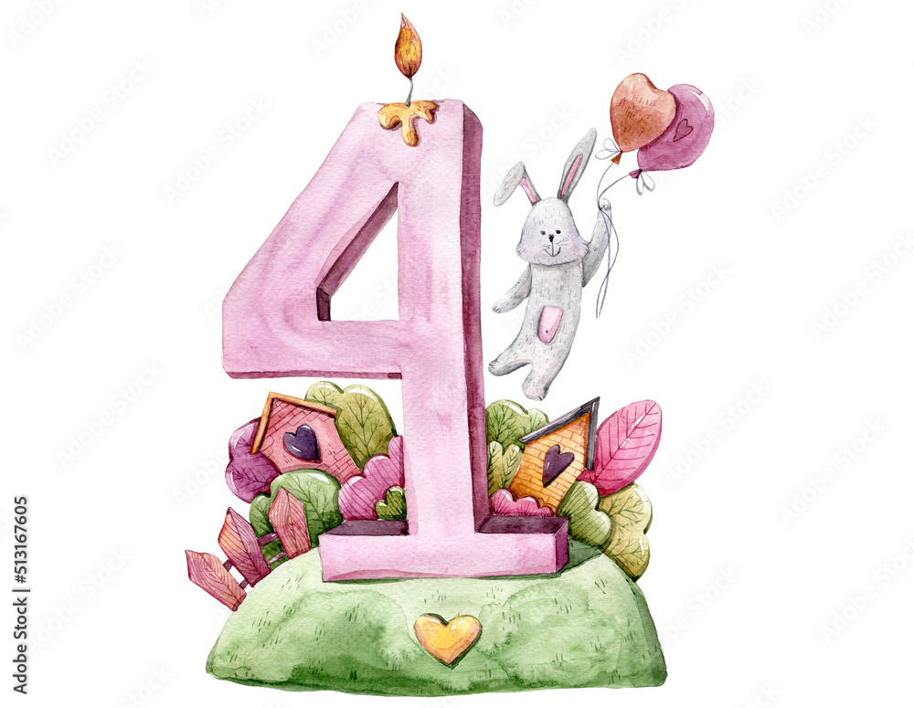 Watercolor cute 4th birthday bunny clipart. Number 4. Hand painted ...