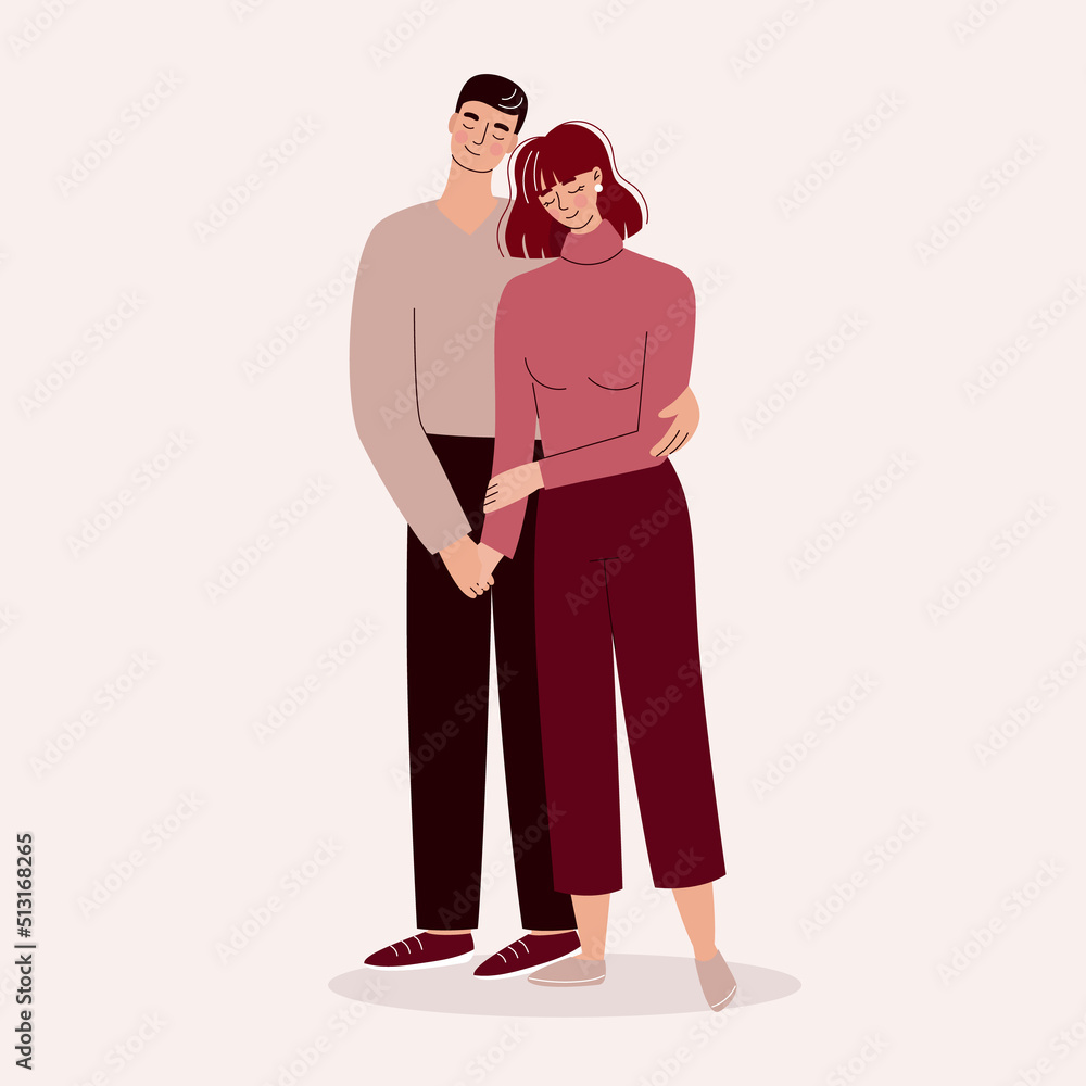 Beautiful young man and woman hugging, loving couple. Valentine's day, love, date. Flat vector illustration Beautiful young man and woman hugging, loving couple. Valentine's day, love, date. Flat vector illustration
