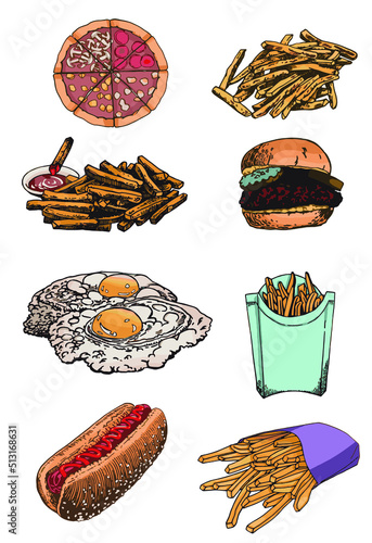 Vector set of fast food, color food elements, french fries ,hot dog, pizza, eggs and burger isolated on white