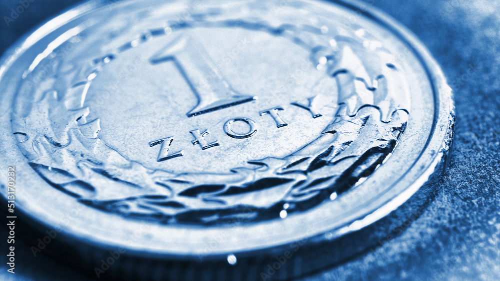 Translation: 1 zloty. Fragment of Polish one zloty coin closeup. National currency of Poland. Blue tinted illustration for news about currency or finance. Macro Translation: 1 zloty. Fragment of Polish one zloty coin closeup. National currency of Poland. Blue tinted illustration for news about currency or finance. Macro