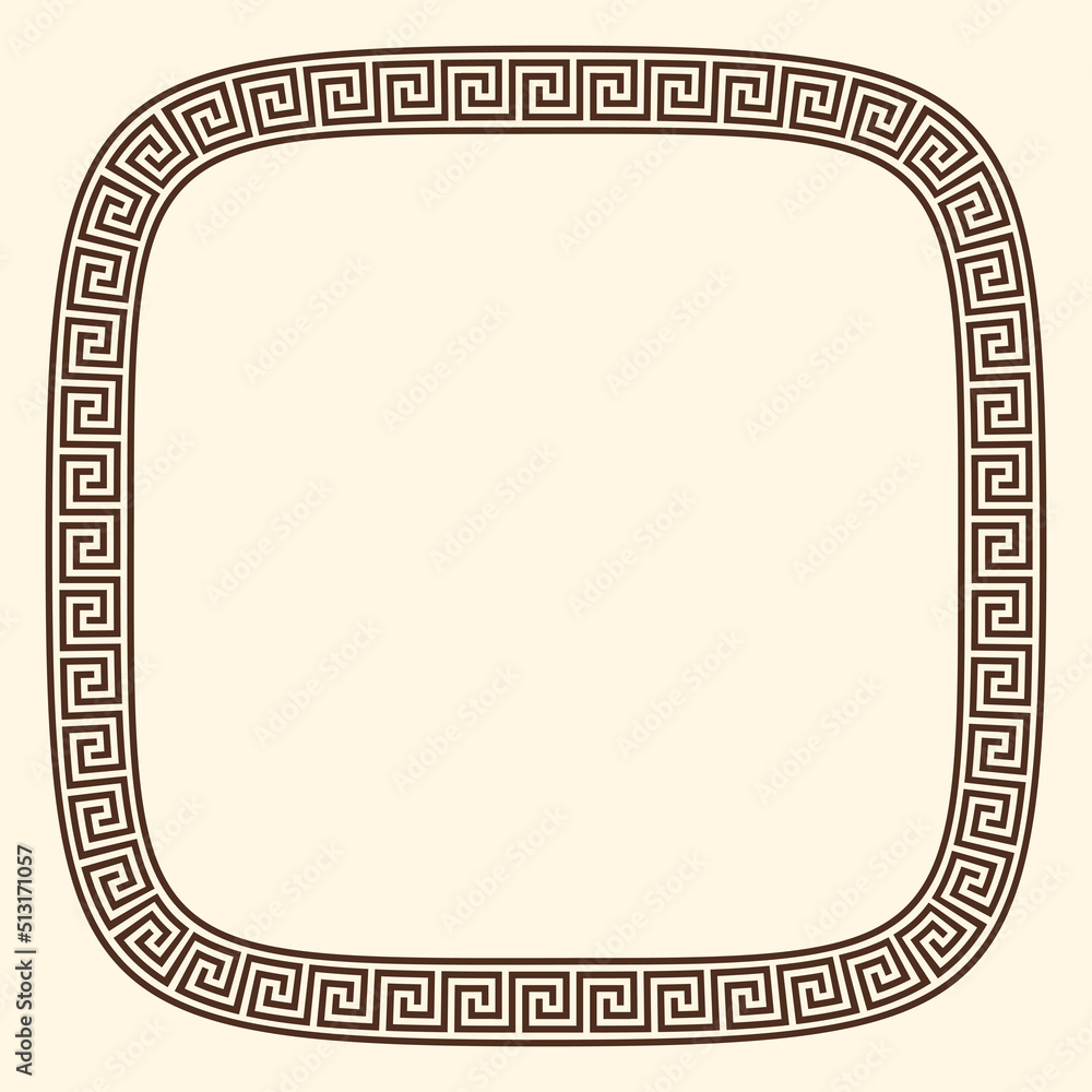 Greek key pattern, rounded square frame. Decorative ancient meander, greece border ornament with repeated geometric motif. Vector EPS10. Greek key pattern, rounded square frame. Decorative ancient meander, greece border ornament with repeated geometric motif. Vector EPS10.