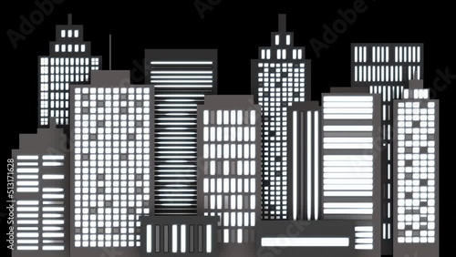 Drawn animated black and white night city with luminous windows
