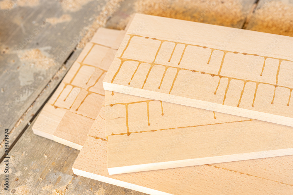 Pile of glued boards ready in the carpentry workshop Pile of glued boards ready in the carpentry workshop