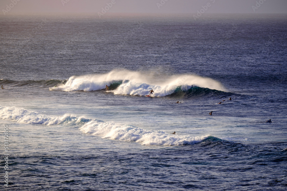 Fototapeta premium Surfers catching waves at sunset off the North Shore of Maui