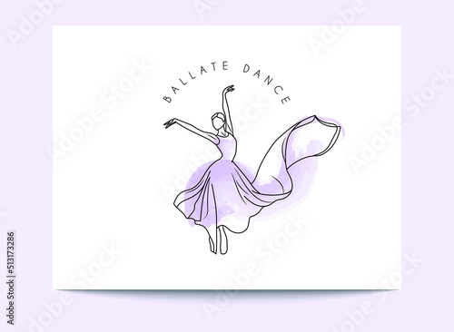 line drawing ballerina art logo template for a dance club or studio. watercolor effect purple dress female dancing isolated on a white background. Vector illustration