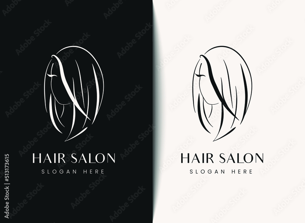 Fototapeta  woman head with hairstyle line art illustration vector emblem logo design template for beauty, hair salon, makeover, hair stylist, hairdresser