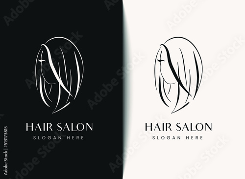  woman head with hairstyle line art illustration vector emblem logo design template for beauty, hair salon, makeover, hair stylist, hairdresser
