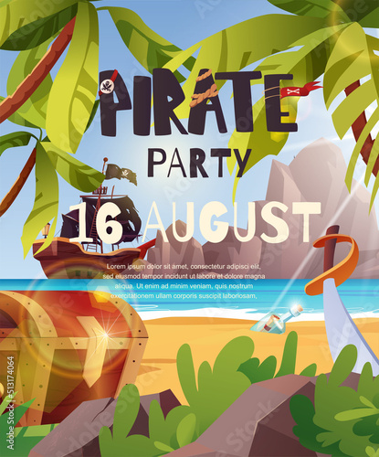 Pirates party invitation poster. Sailing pirate ship with black flags in the sea. Cartoon vector illustration.