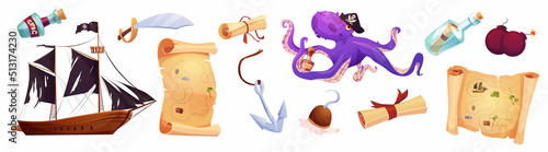 Pirates set icons in cartoon style. Flag with white skull and crossing bones. Parchment pirate's treasure map, bottle.