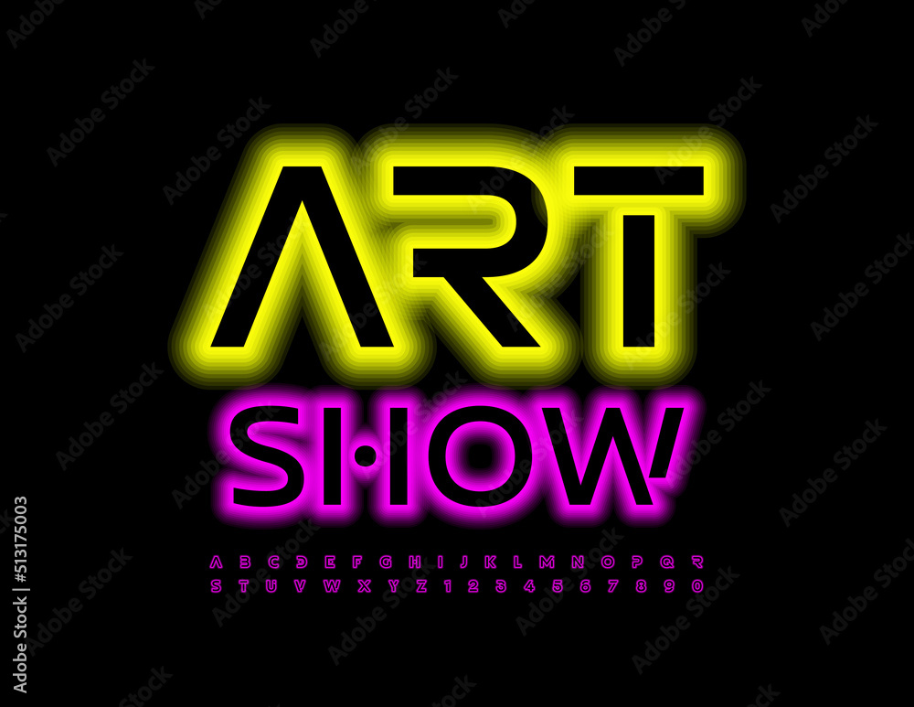 Vector glowing poster Art Show. Unique Illuminated Font. Set of Neon Alphabet Letters and Numbers Vector glowing poster Art Show. Unique Illuminated Font. Set of Neon Alphabet Letters and Numbers
