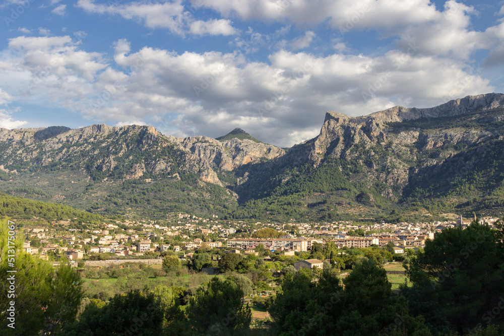 Town of Soller in the middle of the mountains in Mallorca (Spain)