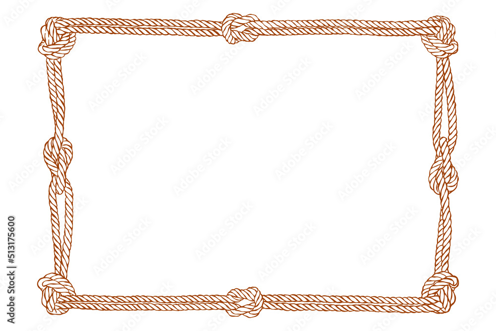 Yellow rope woven vector border with rope knots - Hand drawn - Out line  Stock Vector