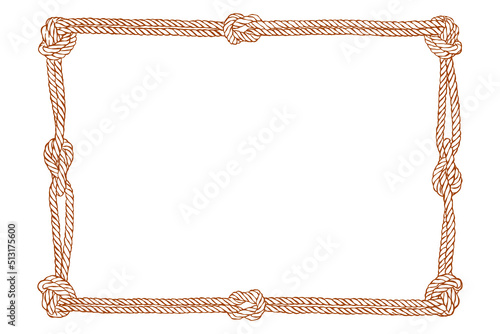 Yellow rope woven vector border with rope knots - Hand drawn - Out line