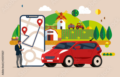 Modern phone with location mark and smart ride share electric car. Connected vehicle remote parking. Autonomous online car sharing service controlled via smartphone app. 