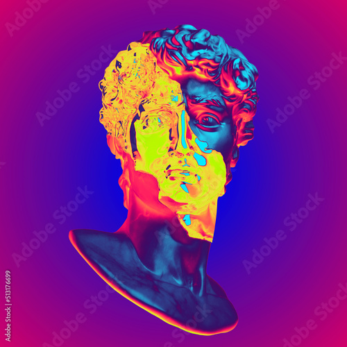 Abstract illustration from 3D rendering of a black and white marble bust of male classical sculpture broken in three pieces in vaporwave style psychedelic colors and isolated on colorful background.