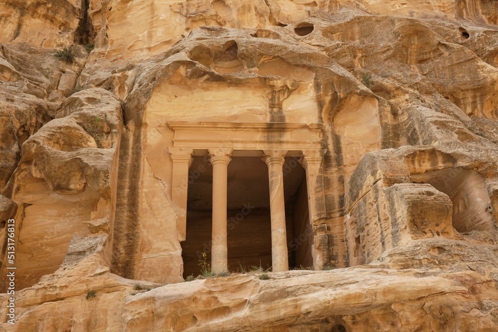 Little Petra (Siq al-Barid), Jordan - circa May 2022: Temple in ancient town Little Petra