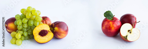 Banner. Closeup on fruit and berry on the white background. Copy space.