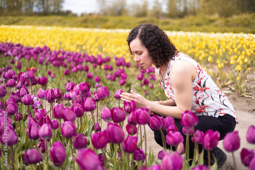 Caucasian Adult Woman looking at fresh Tulip Flowers in a field. Spring Season. Caucasian Adult Woman looking at fresh Tulip Flowers in a field. Spring Season.