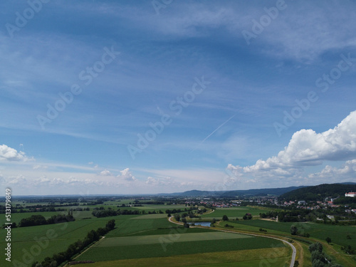 Aerial view of an agricultural field with grain planted in spring in Bavaria