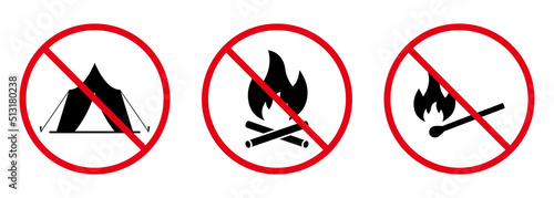 Caution Ban Bonfire Matchstick Black Silhouette Icon Set. Prohibit Camping Fire Zone. Forbidden Camp Area Pictogram. Wood Match Stick Stop Symbol. No Allowed Flame Sign. Isolated Vector Illustration