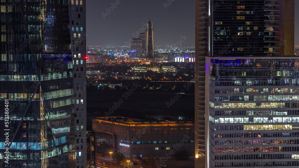 Skyline view of traffic on Al Saada street near financial district night timelapse in Dubai, UAE. Skyline view of traffic on Al Saada street near financial district night timelapse in Dubai, UAE.