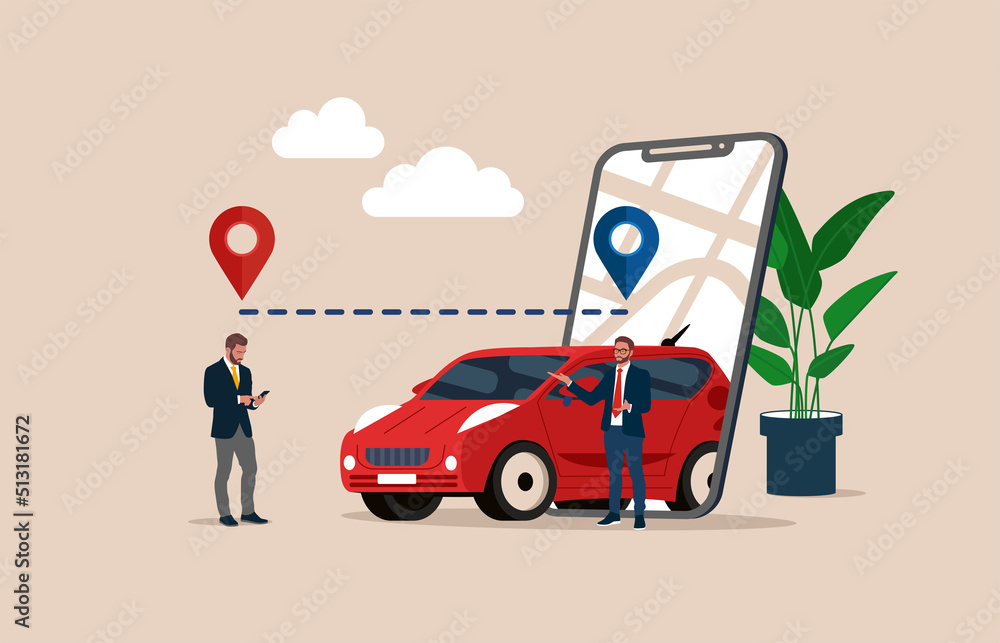 Happy man wait for taxi driver. Online car sharing with male and smartphone can use for, landing page, template, ui, web, mobile app, poster, banner, flyer Happy man wait for taxi driver. Online car sharing with male and smartphone can use for, landing page, template, ui, web, mobile app, poster, banner, flyer