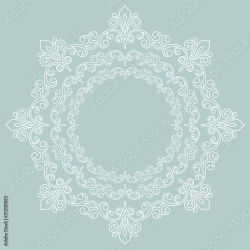 Oriental vector ornament with arabesques and floral elements. Traditional classic ornament. Round light blue and white vintage pattern with arabesques