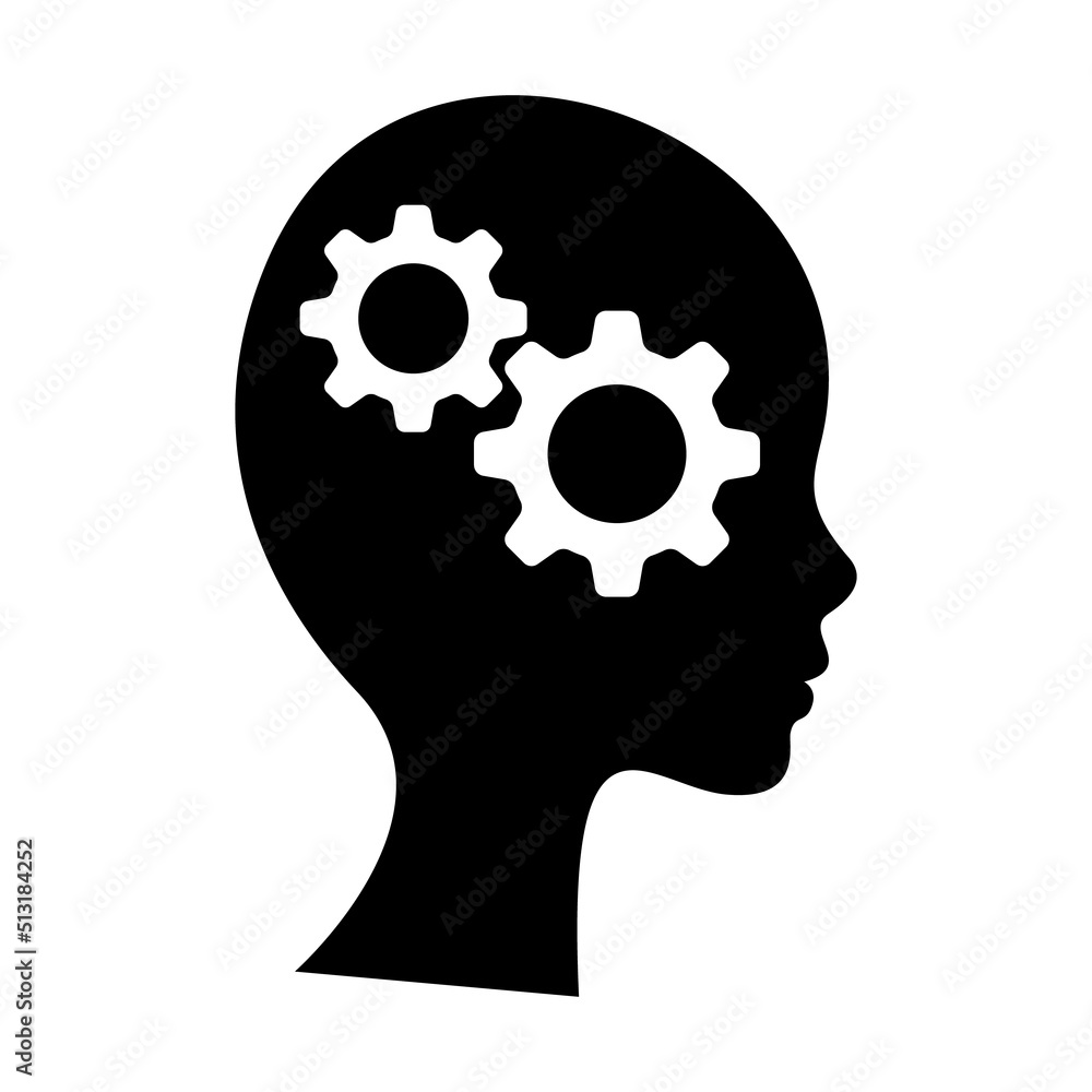 Black icon of head of man and cogwheel. Silhouette of head and gear wheel. Vector Flat design. Black icon of head of man and cogwheel. Silhouette of head and gear wheel. Vector Flat design.