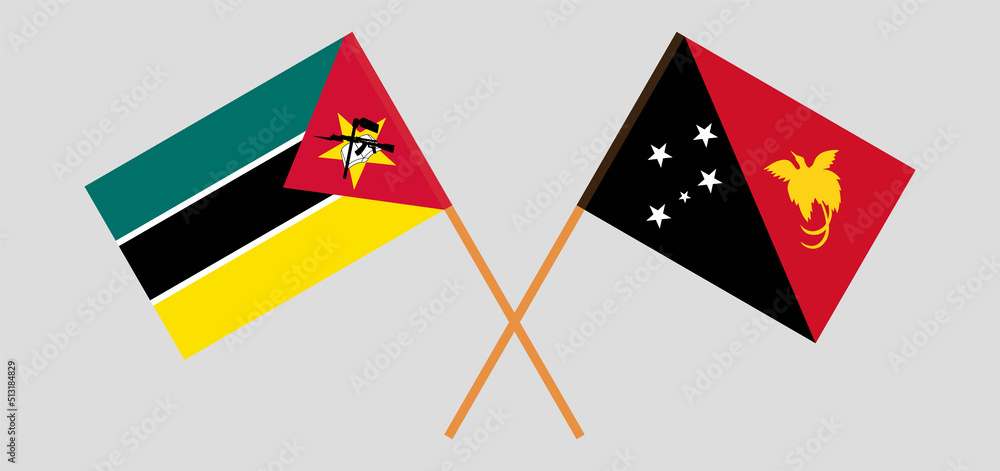 Crossed flags of Mozambique and Papua New Guinea. Official colors. Correct proportion Crossed flags of Mozambique and Papua New Guinea. Official colors. Correct proportion