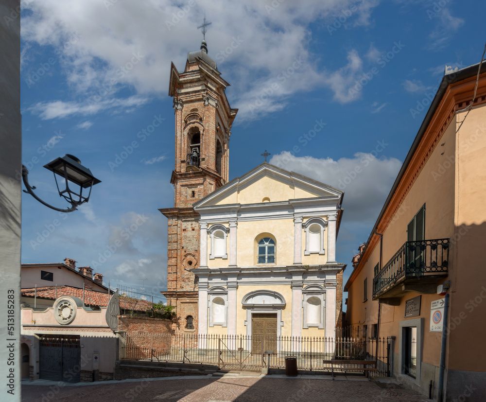 Obraz premium La Morra, Langhe, Italy- May 02, 2022: Saint Sebastian Church of the brotherhood of disciplined whites (18th century) in Umberto I street
