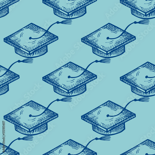 Graduate hats engraved seamless pattern. Vintage element education in hand drawn style.