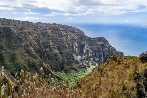 Nualolo Valley on the Na Pali Coast, Kauai, Hawaii, with the Pacific Ocean in the background. photo