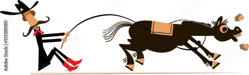 Cartoon rider lassoes a horse.
Rodeo. Farmer or cowboy tries to stop the running away horse with lasso. Isolated on white background
