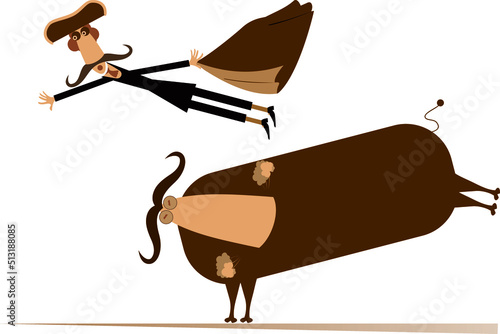 Bullfight. Cartoon bullfighter with matador cape falling down from the angry bull. Isolated on white background 