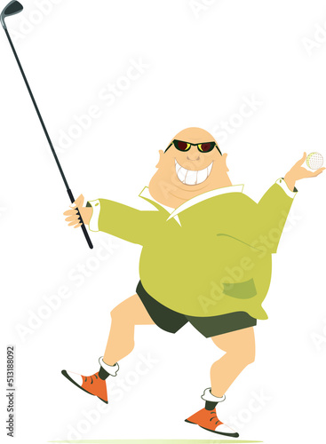 Cartoon golfer man on the golf course illustration. 
Dancing fat bald-headed golfer in sunglasses holds golf ball and golf club. Isolated on white background
