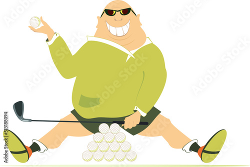 
Cartoon golfer man on the golf course illustration. 
Sitting on the golf course fat bald-headed golfer in sunglasses with golf club and a lot of balls. Isolated on white background
