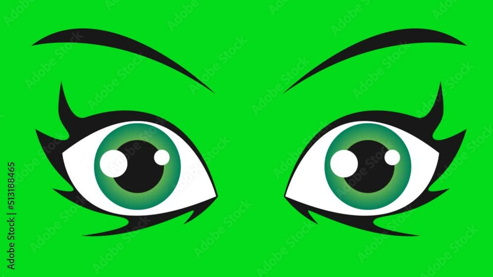 Cartoon woman eyes on a green background. Cartoon eyes with alpha channel. Key color, color key, alpha channel. Cartoon woman eyes on a green background. Cartoon eyes with alpha channel. Key color, color key, alpha channel.